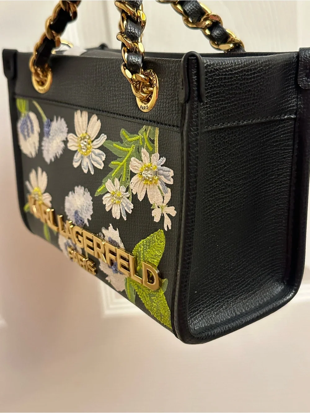 Karl Lagerfeld Black Floral Embroidered Satchel with Gold Chain